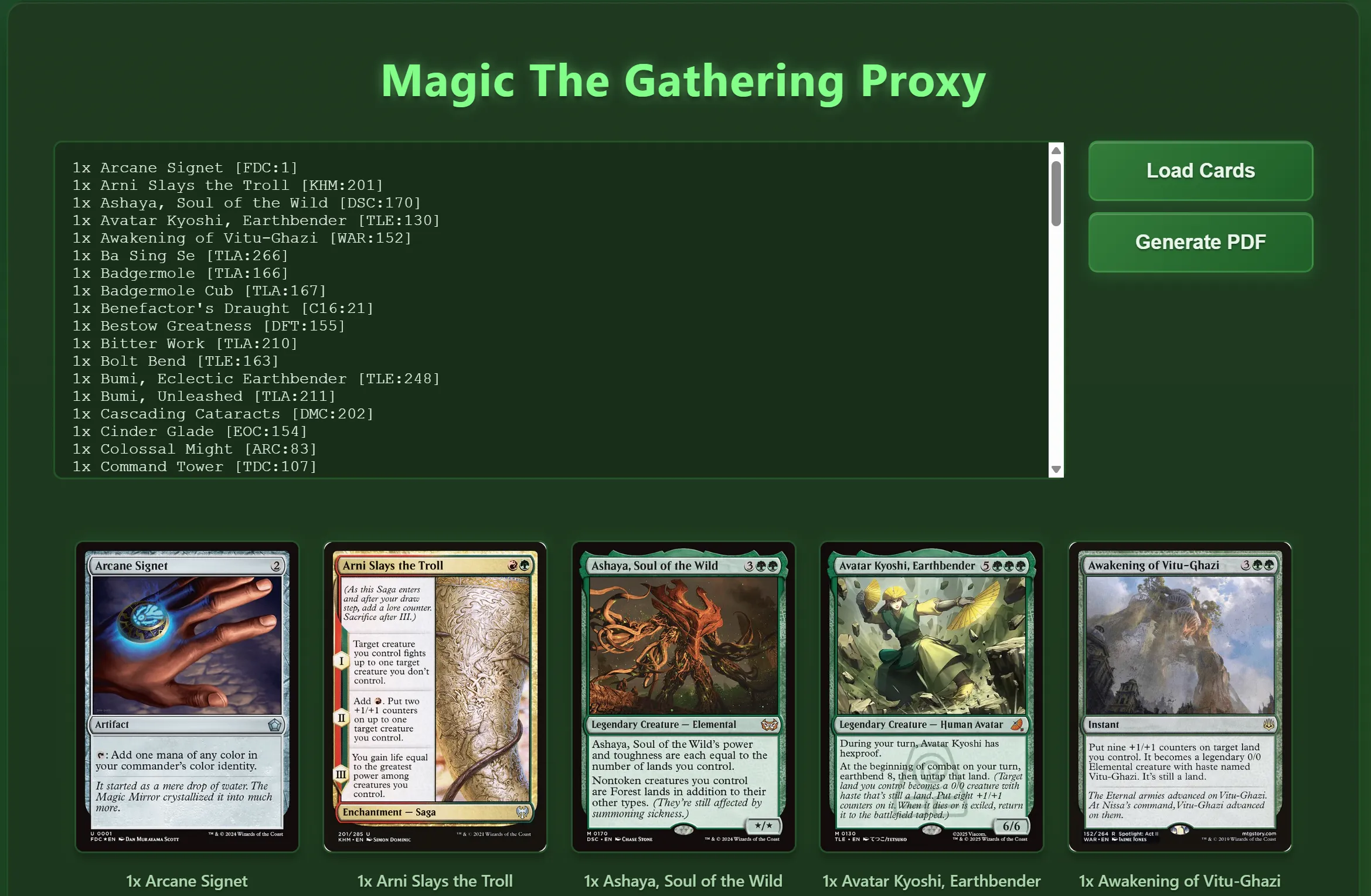 Screenshot of Magic the Gathering proxy website.